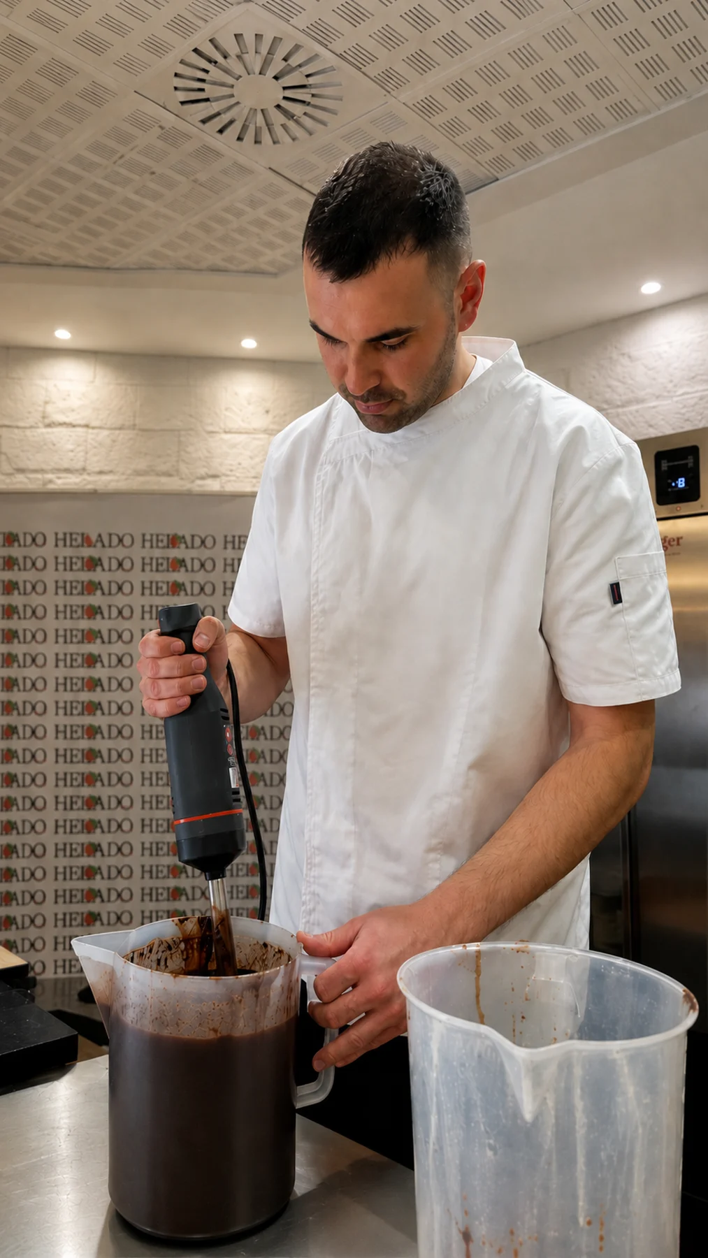 Pablo elaborando la mezcla del helado de chocolate durante el concurso