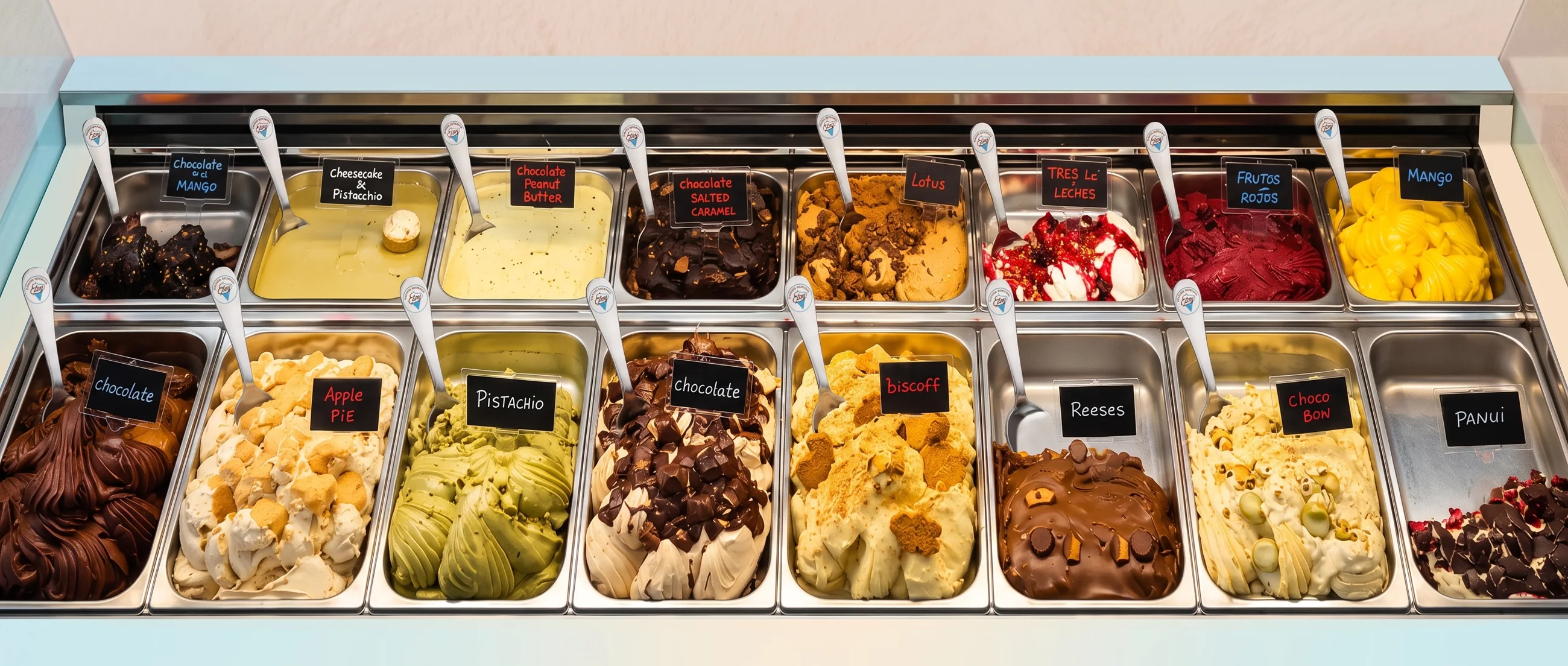 Vitrina de helados: chocolate, cheesecake y pistacho, salted caramel, Lotus, tres leches, biscoff y Reese's